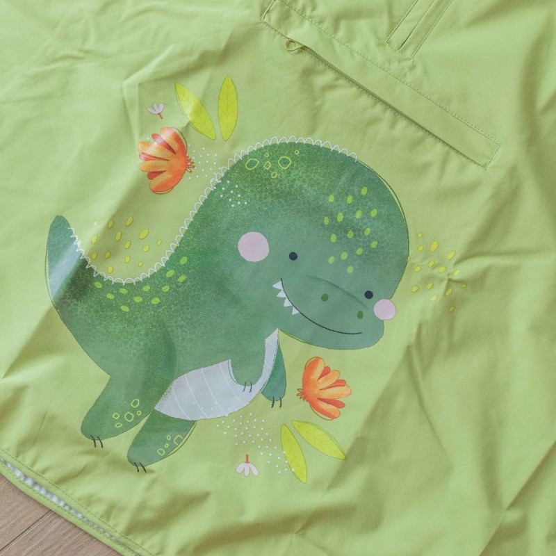 Poncho impermeabile verde decorato con dinosauro per bambini, facile da richiudere e da pulire